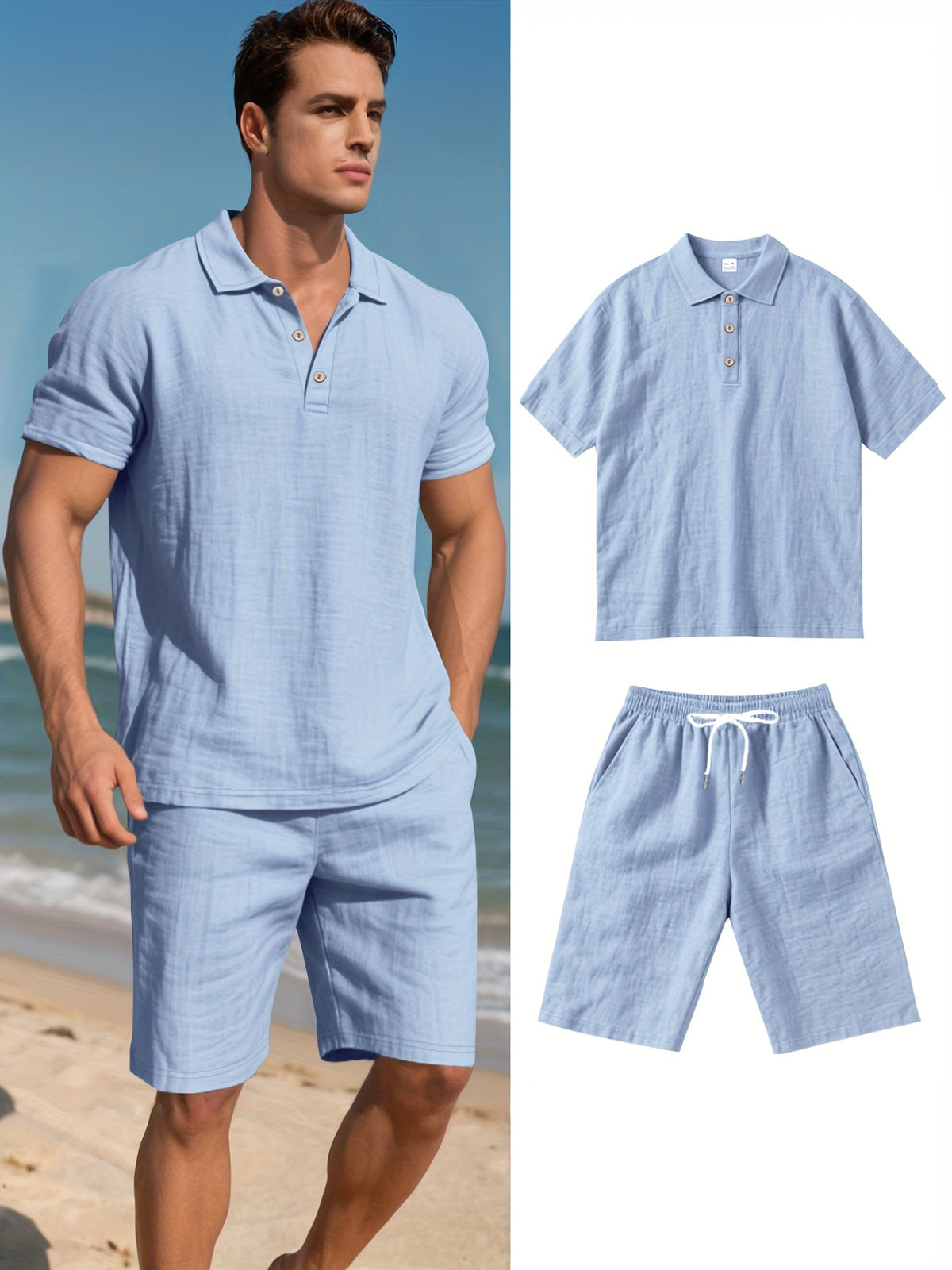 Herren Leinen Polo sowie Shorts Set – Bequem und Lässig für Warme Tage