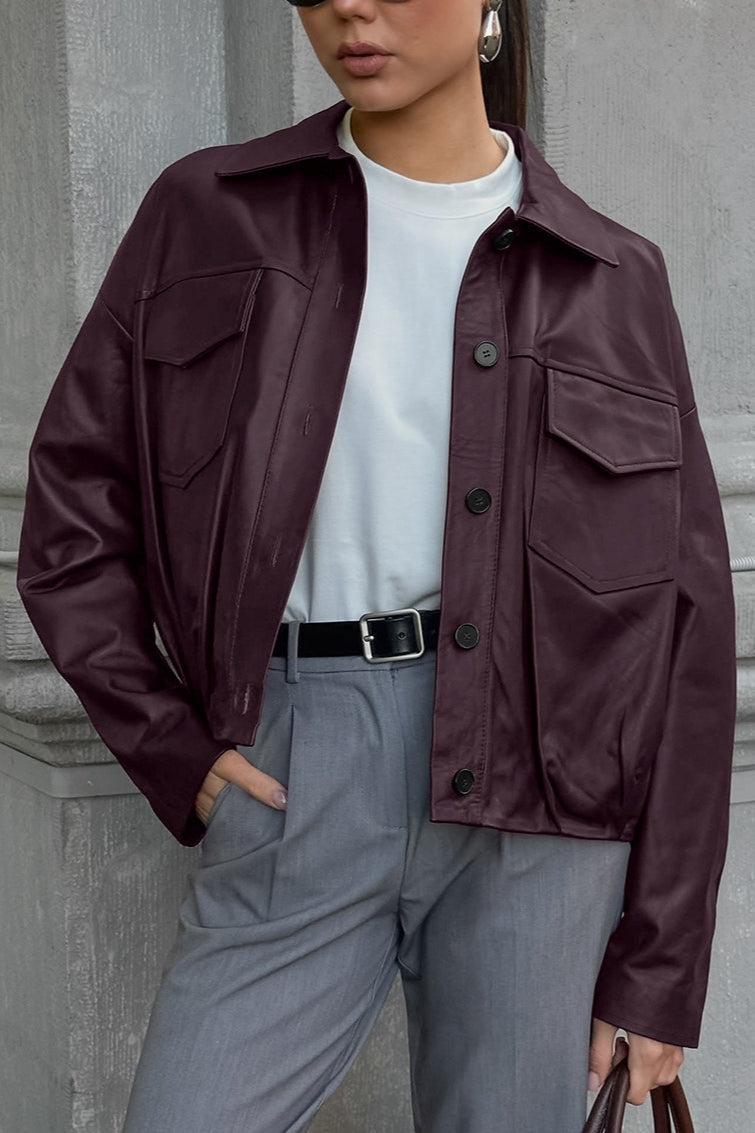 Jacke mit Leder in Bordeaux mit Reverskragen