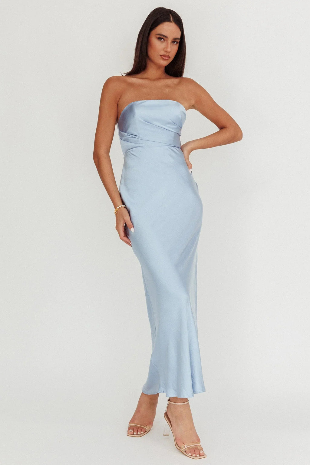 Damen Satin-Maxikleid trägerlos mit Drapierung