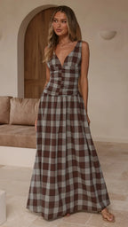 Damen Maxikleid mit Karomuster und V-Ausschnitt