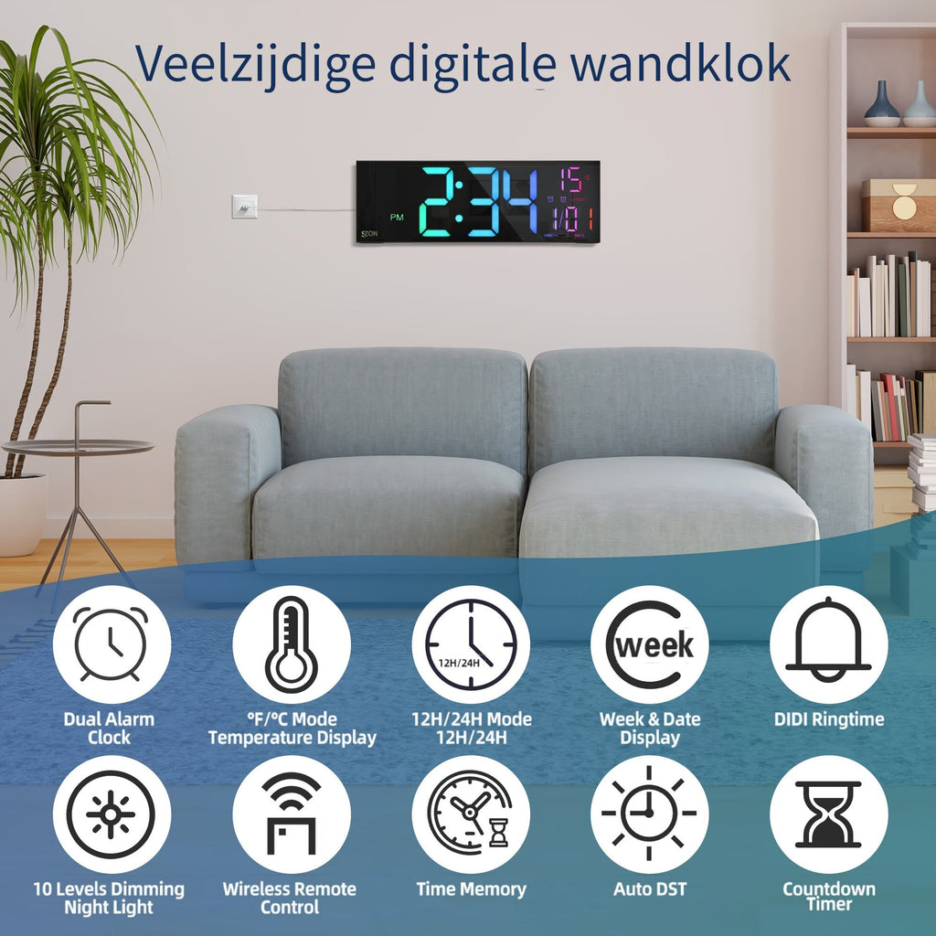 LumiWall Digitale Wanduhr – Groß, Farblich sowie Leicht Ablesbar