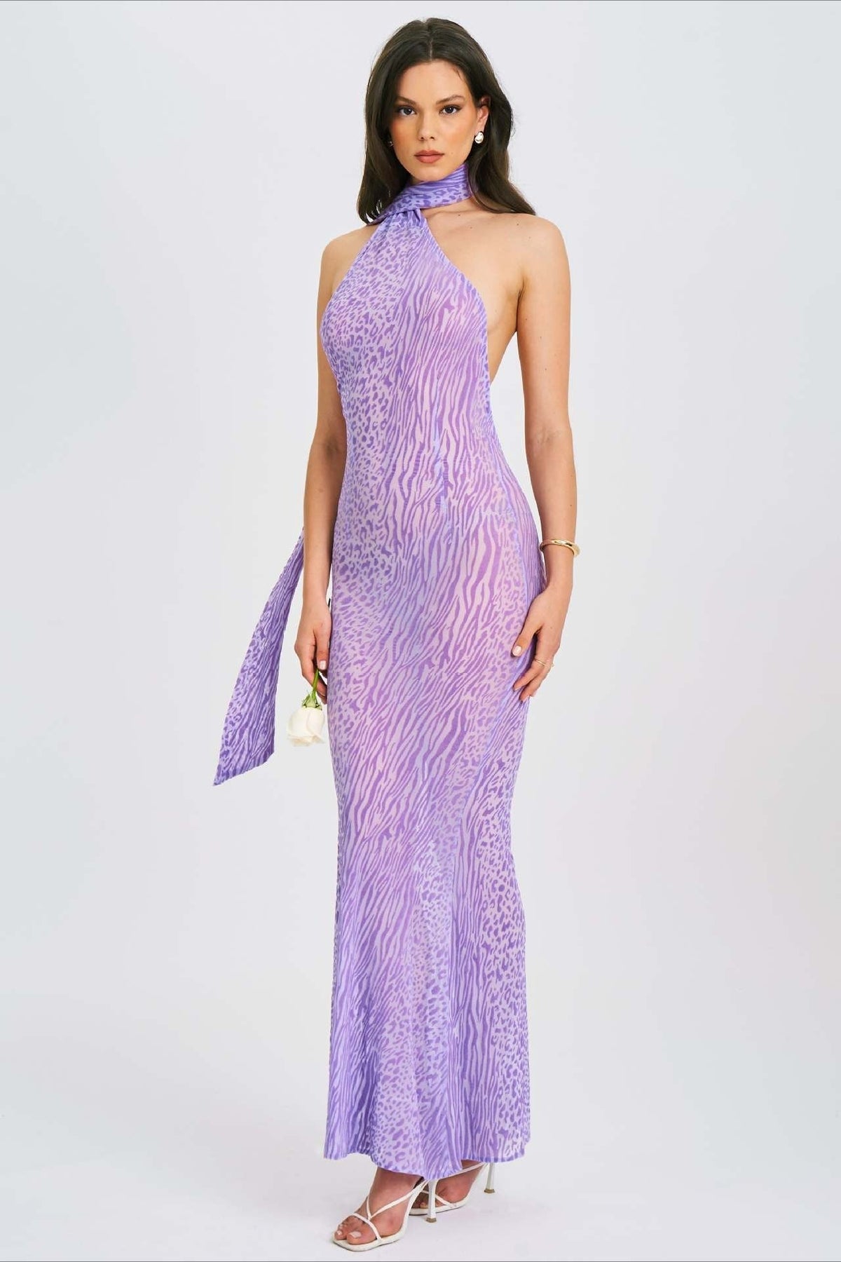 Figurbetontes Maxikleid mit Neckholder, hoher Taille und Netzdetails