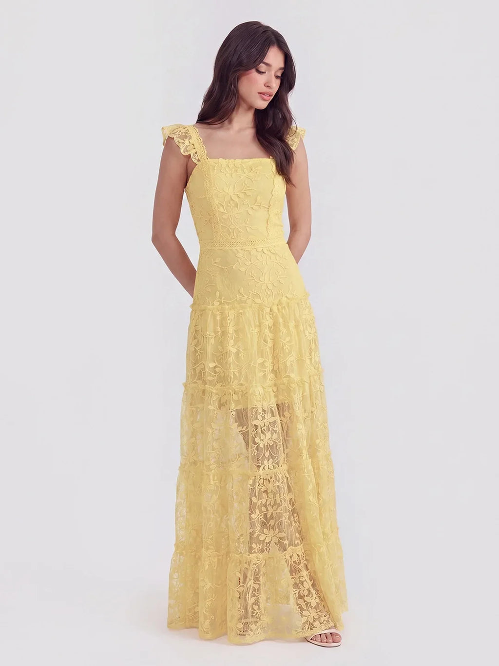 Spitzen-Maxikleid mit eckigem Ausschnitt und Volants