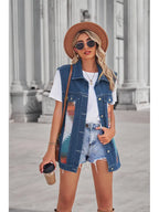 Jeansweste mit Patchwork, geometrischem Muster und Knopfverschluss