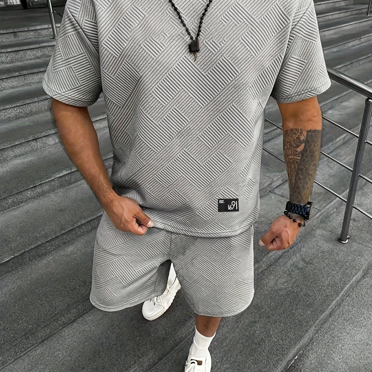 Herren Modisch Jacquard T-Shirt und Shorts Set – Lässig und Sportlich für Warme Tage