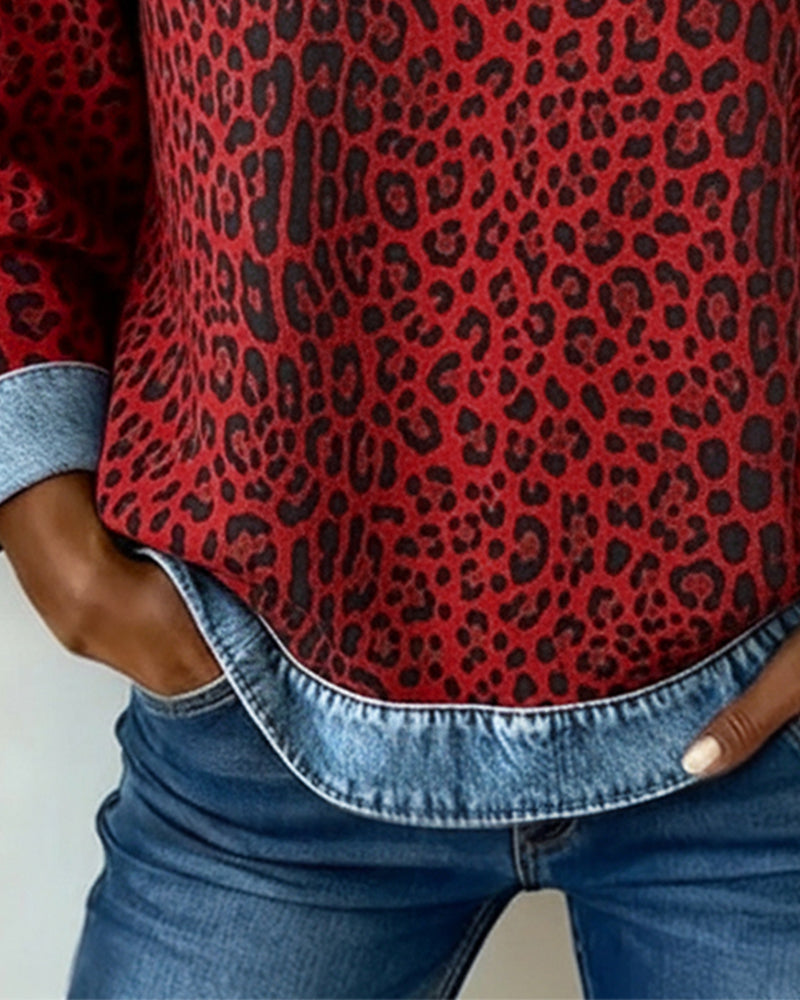 Leopardenmuster Jeans Patchwork Pullover