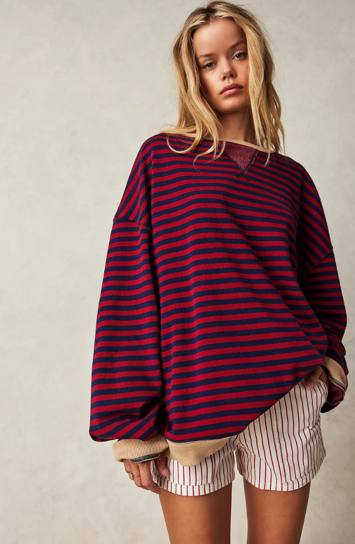Damen übergroß Gestreifter Pullover mit langen Ärmeln