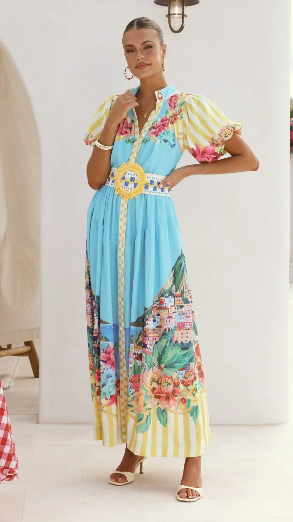 Damen Maxikleid mit Blumenmuster und Gürtel
