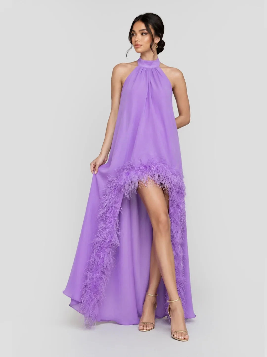 Feather – Chiffon-Maxikleid mit Neckholder und offenem Rücken
