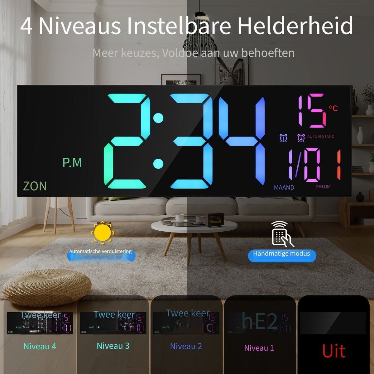 LumiWall Digitale Wanduhr – Groß, Farblich sowie Leicht Ablesbar