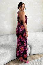 Rückenfreies Maxikleid mit Blumenmuster in Schwarz