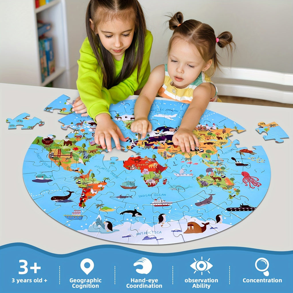 70-teiliges Tierbodenpuzzle: Rundes Weltkarten-Design für Kinder