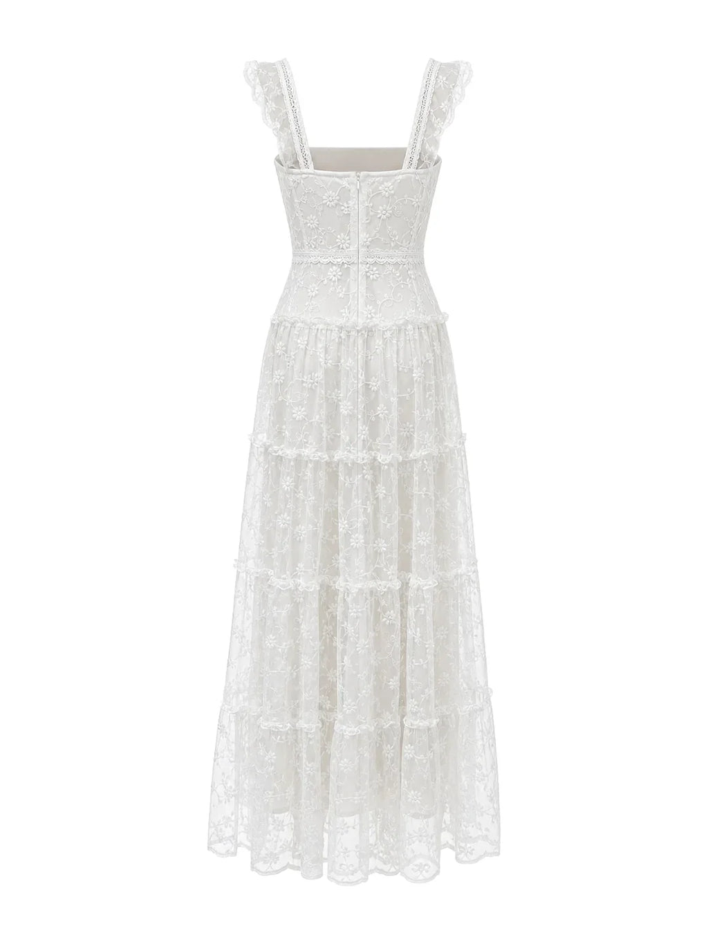Spitzen-Maxikleid mit eckigem Ausschnitt und Volants