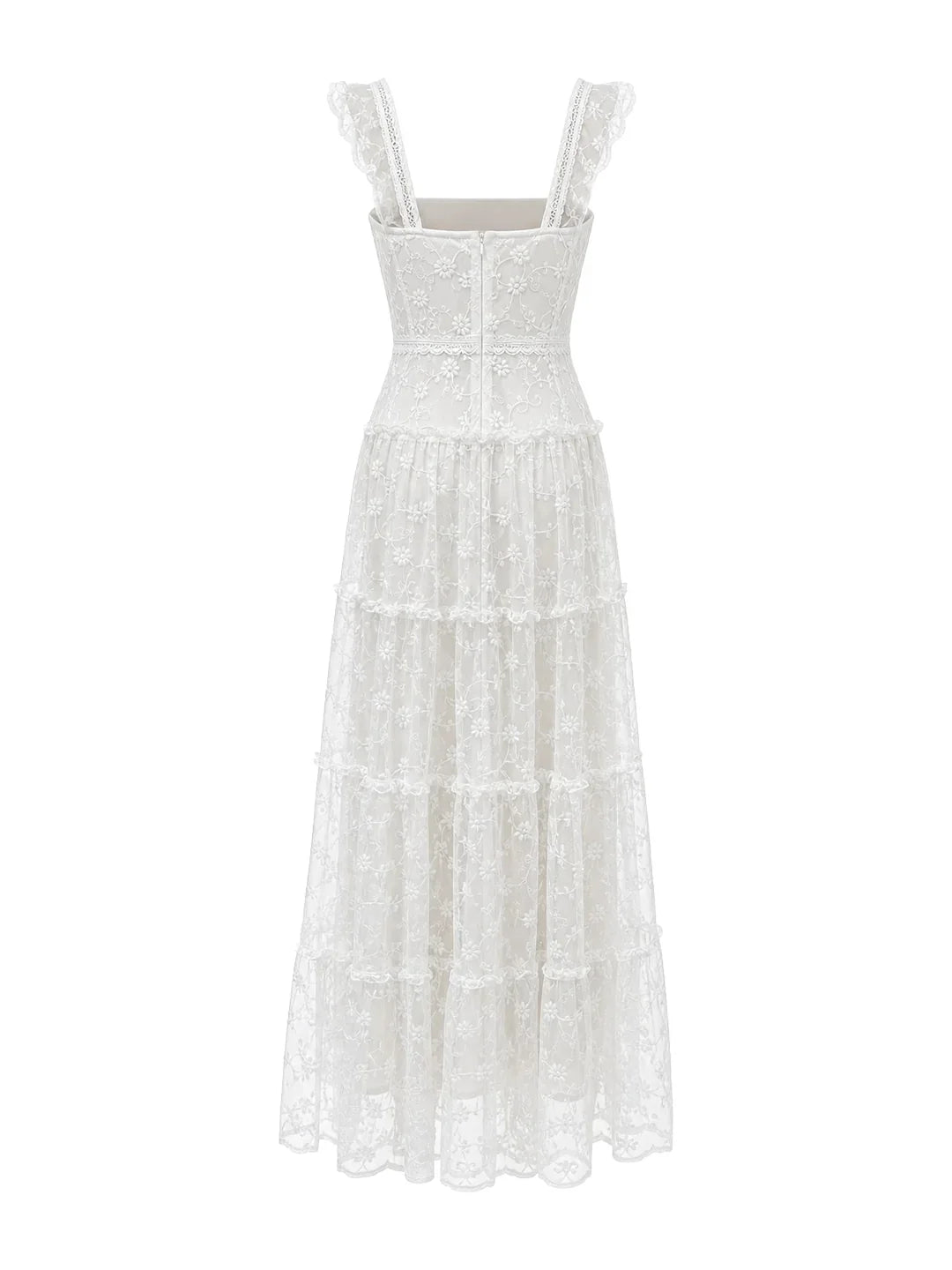 Spitzen-Maxikleid mit eckigem Ausschnitt und Volants