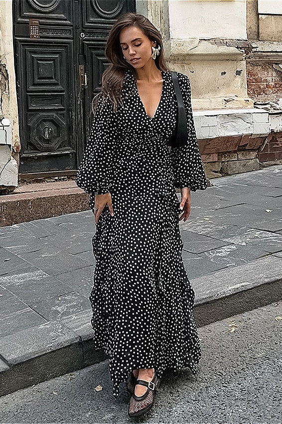 Maxikleid mit V-Ausschnitt, Puffärmeln und A-Linie