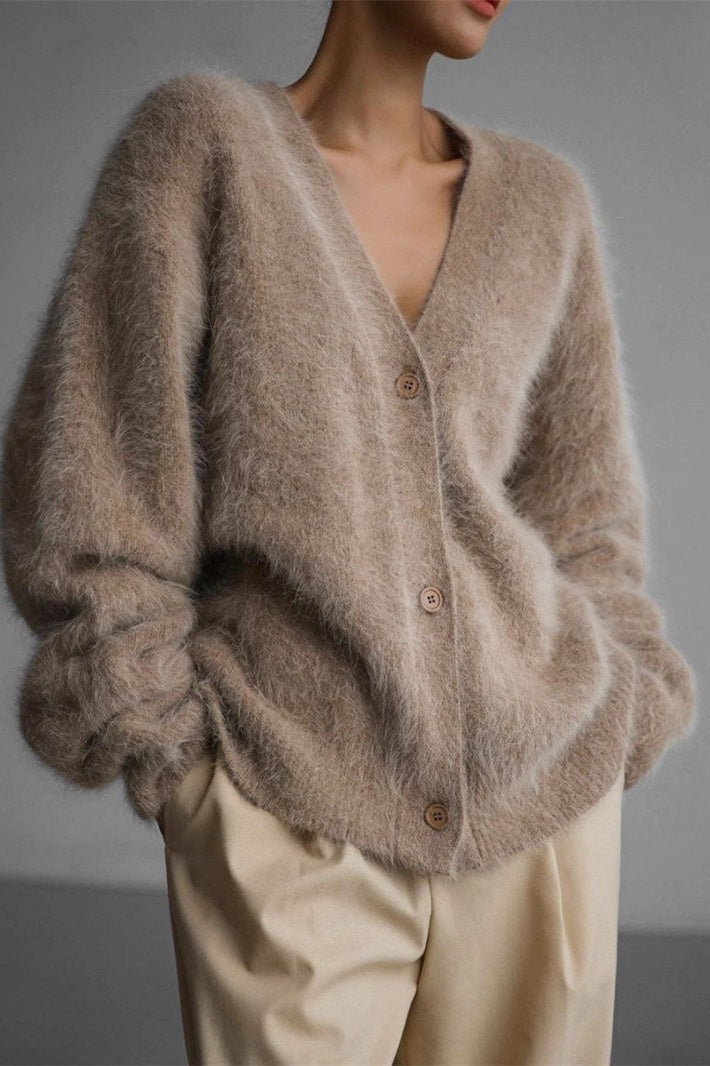 Strickjacke mit V-Ausschnitt und Strickstruktur in Khaki