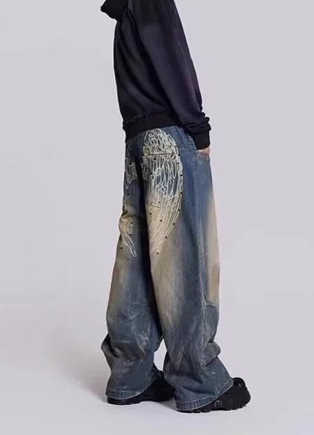 Jeans mit weitem Bein und Druck in Schwarz