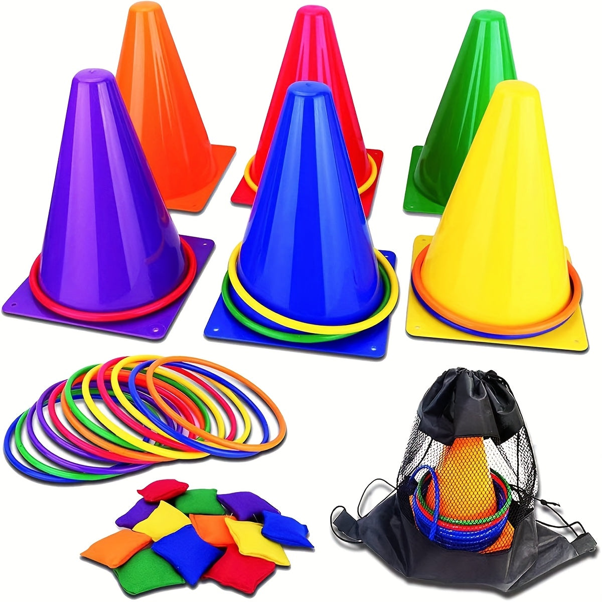 Buntes Ringwurf-Set – Kegel, Ringe sowie Stoffbeutel für Familienspaß