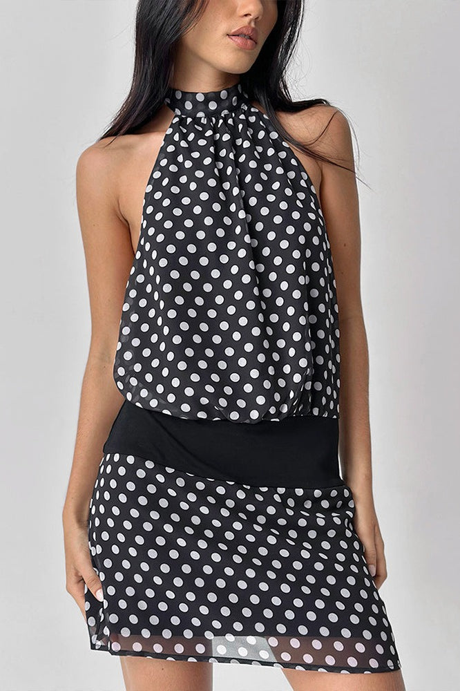 Figurbetontes Minikleid mit Neckholder und Punktemuster in Schwarz