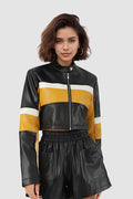 Jacke mit kurzem Schnitt, Farbblockmuster und Kunstleder