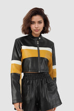Jacke mit kurzem Schnitt, Farbblockmuster und Kunstleder