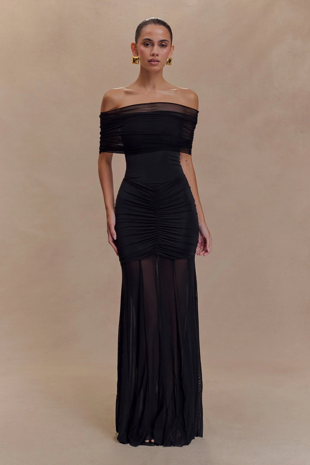Damen Maxikleid mit Carmen-Ausschnitt und Raffungen
