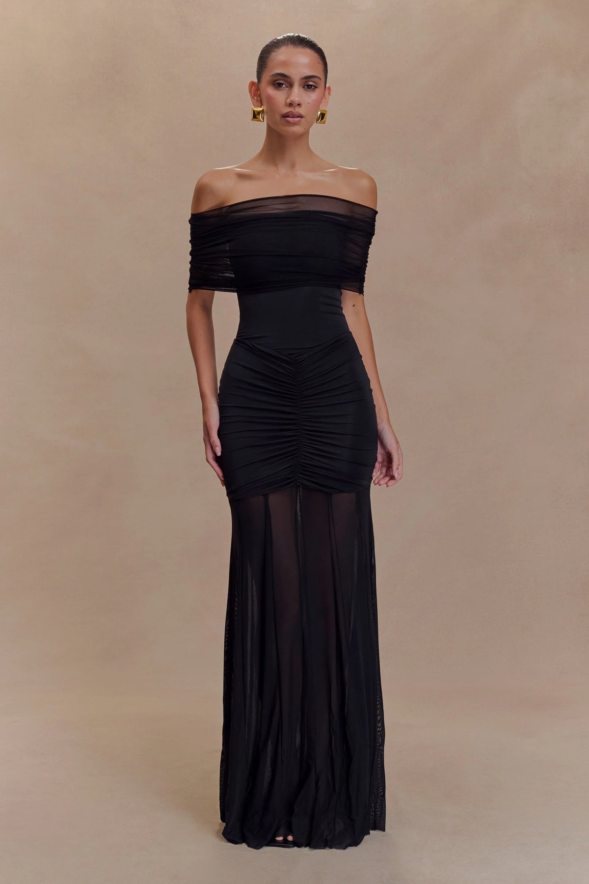 Damen Maxikleid mit Carmen-Ausschnitt und Raffungen