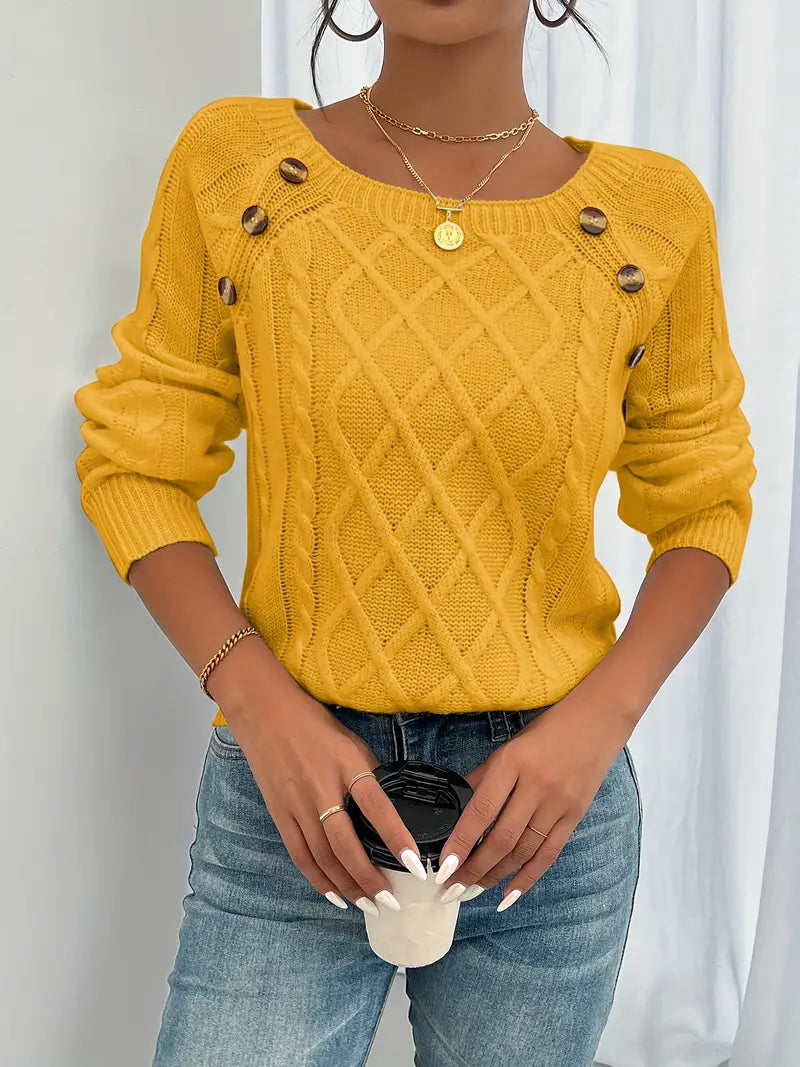 Langärmeliger Pullover Mit Zopfmuster, Lässiger Pullover Mit Rundhalsausschnitt