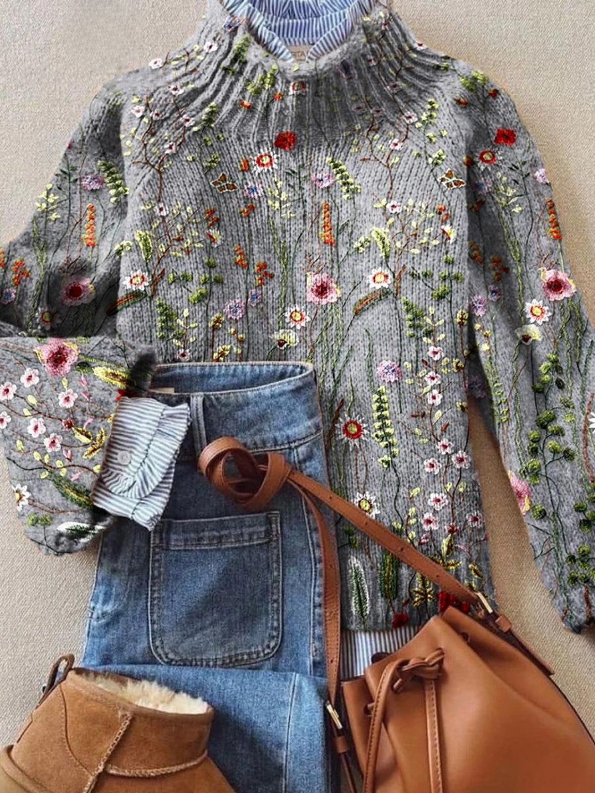 Zeitloser Retro Blumen-Strickpullover