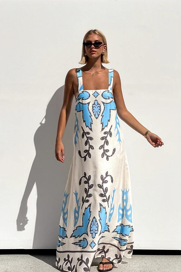 Ärmelloses Maxikleid mit Blumenmuster in Blau mit Schulterfrei