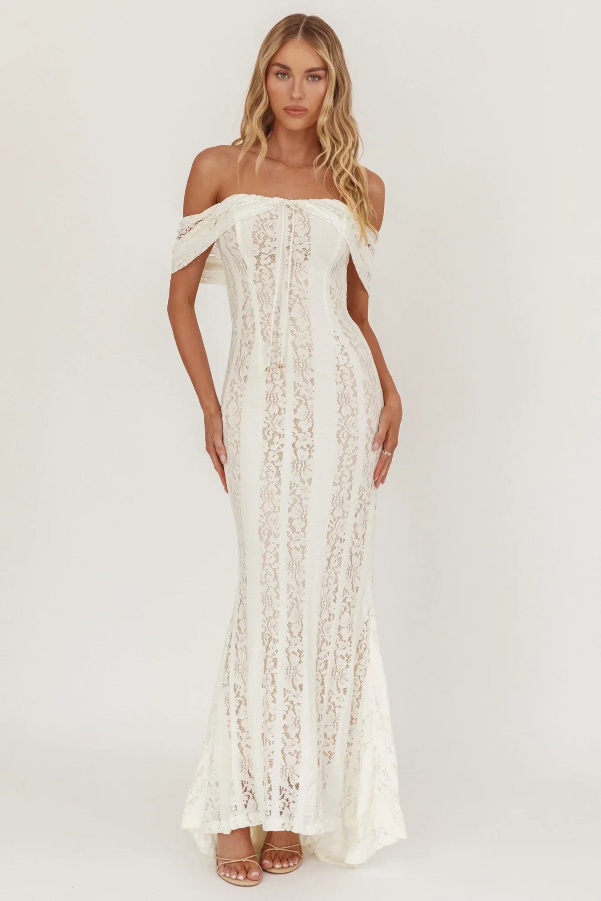 Damen Spitzen-Maxikleid mit Carmen-Ausschnitt