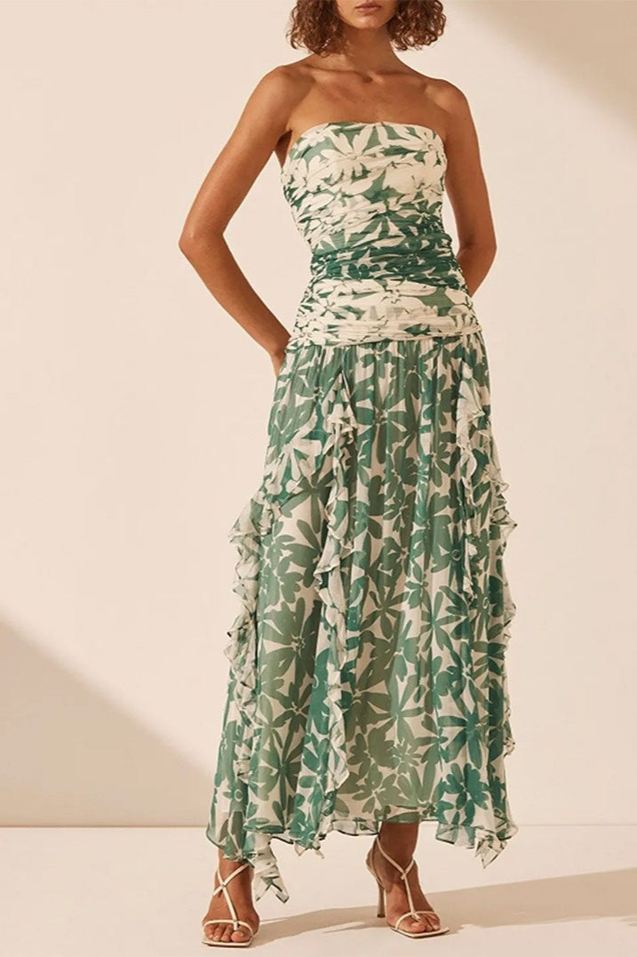 Trägerloses Kleid mit Druck in Grün