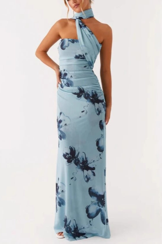 Maxikleid mit Bindedetail und Netzdetails in Blau