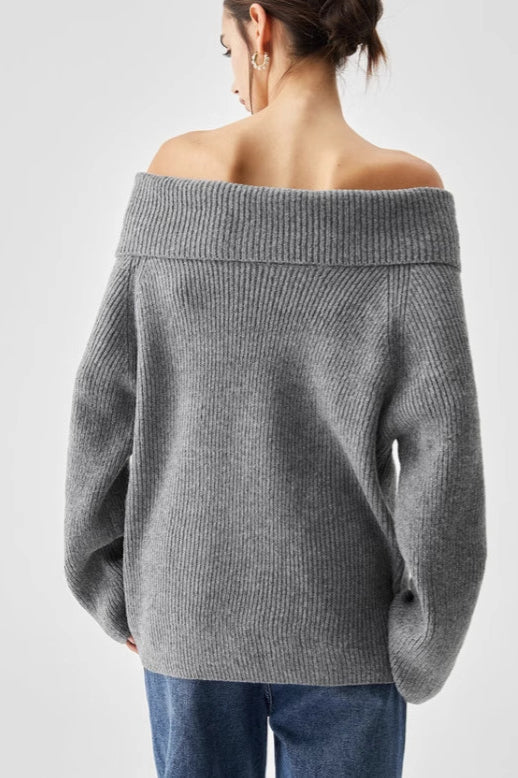 Schulterfreier Pullover mit Strickstruktur in Grau