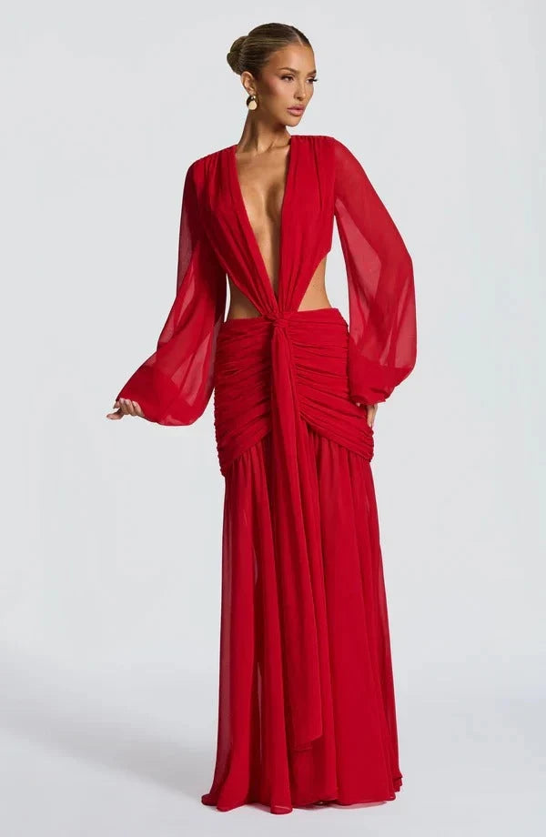Damen Abendkleid mit tiefem V-Ausschnitt und Raffungen