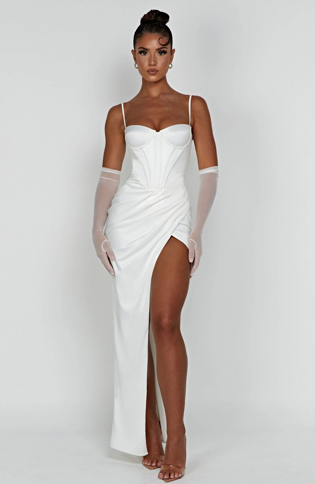 Despina – Satin-Maxikleid mit Beinschlitz und Korsett-Schnürung