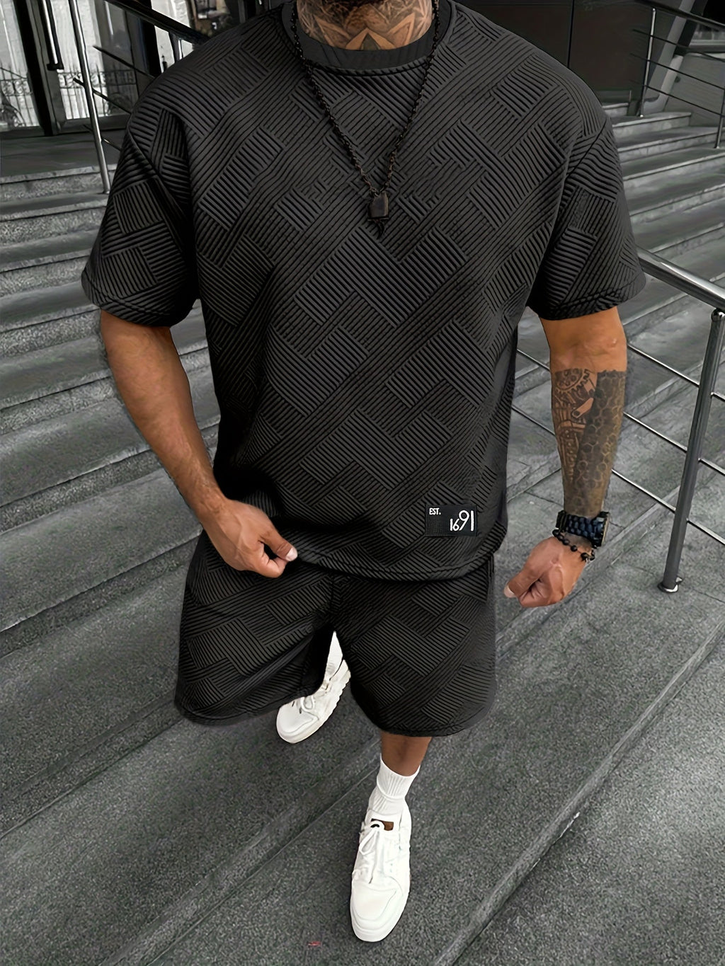 Herren Modisch Jacquard T-Shirt und Shorts Set – Lässig und Sportlich für Warme Tage