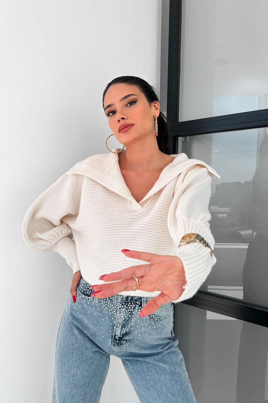 Pullover mit Laternenärmeln und Strickstruktur