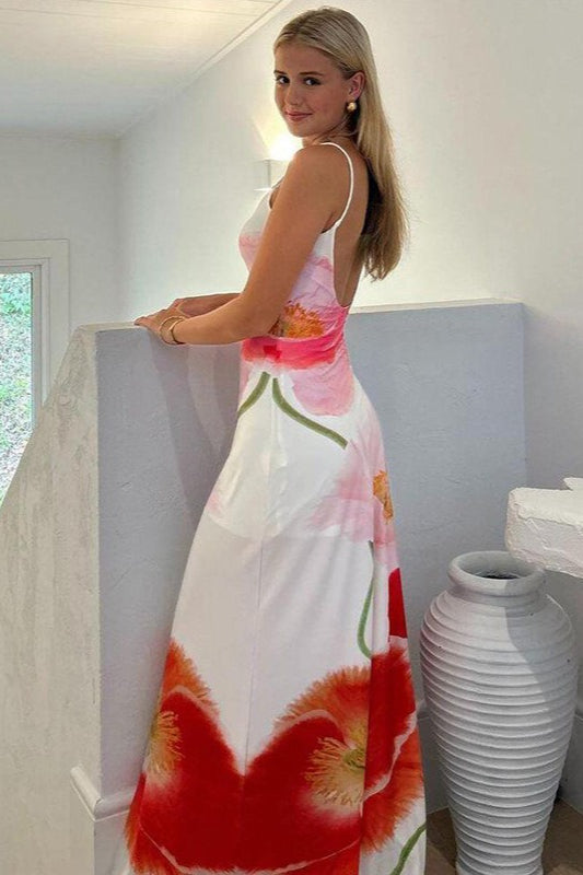 Rückenfreies Maxikleid mit Blumenmuster in Weiß