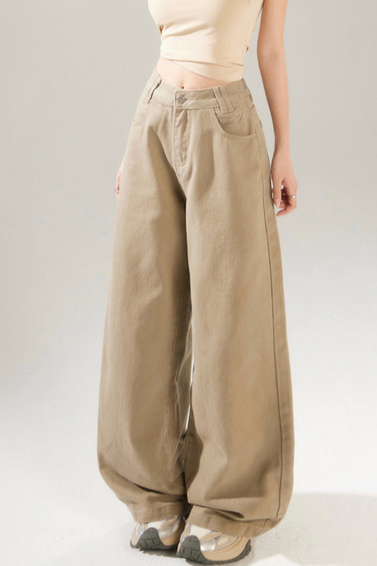 Jeans mit weitem Bein in Khaki