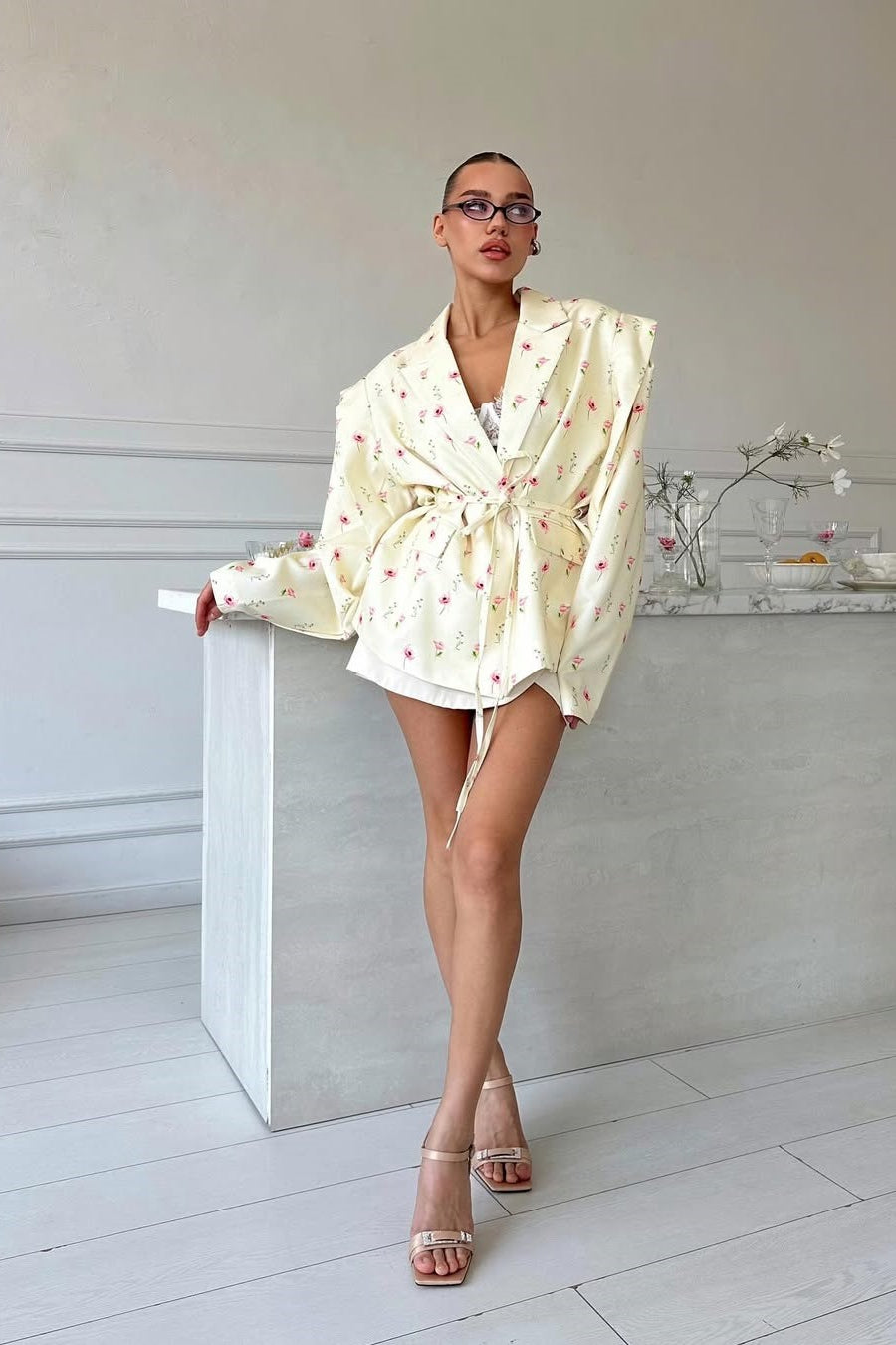 Blazer mit langen Ärmeln, Bindedetail und Druck