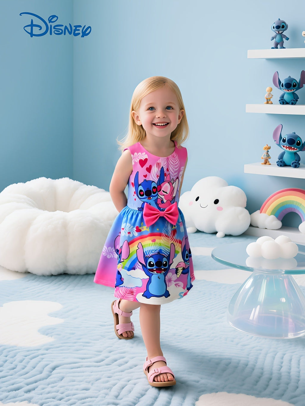 Disney Stitch Mädchen Ärmelloses Rundhalskleid inklusive Schleife & Blumenmuster - Leichter Polyester-Spandex