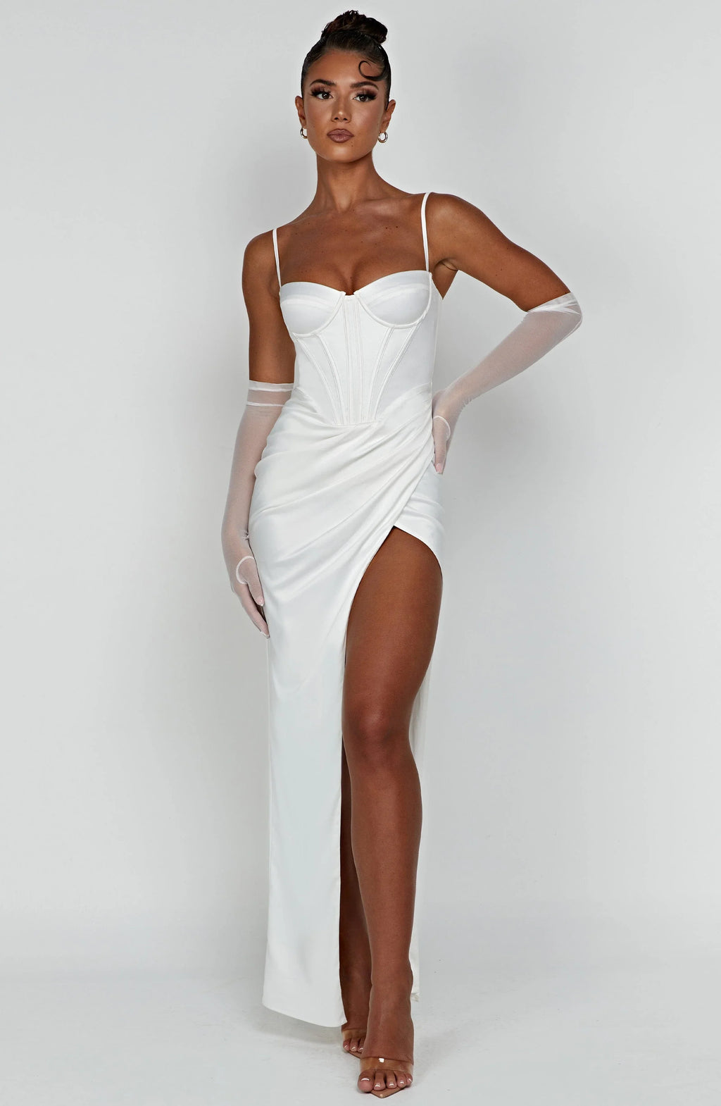Despina – Satin-Maxikleid mit Beinschlitz und Korsett-Schnürung