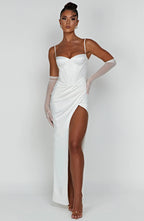 Despina – Satin-Maxikleid mit Beinschlitz und Korsett-Schnürung