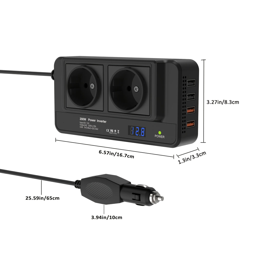 Kompakter 200W Auto-Stromwandler: Dual-Steckdosen & Quad USB