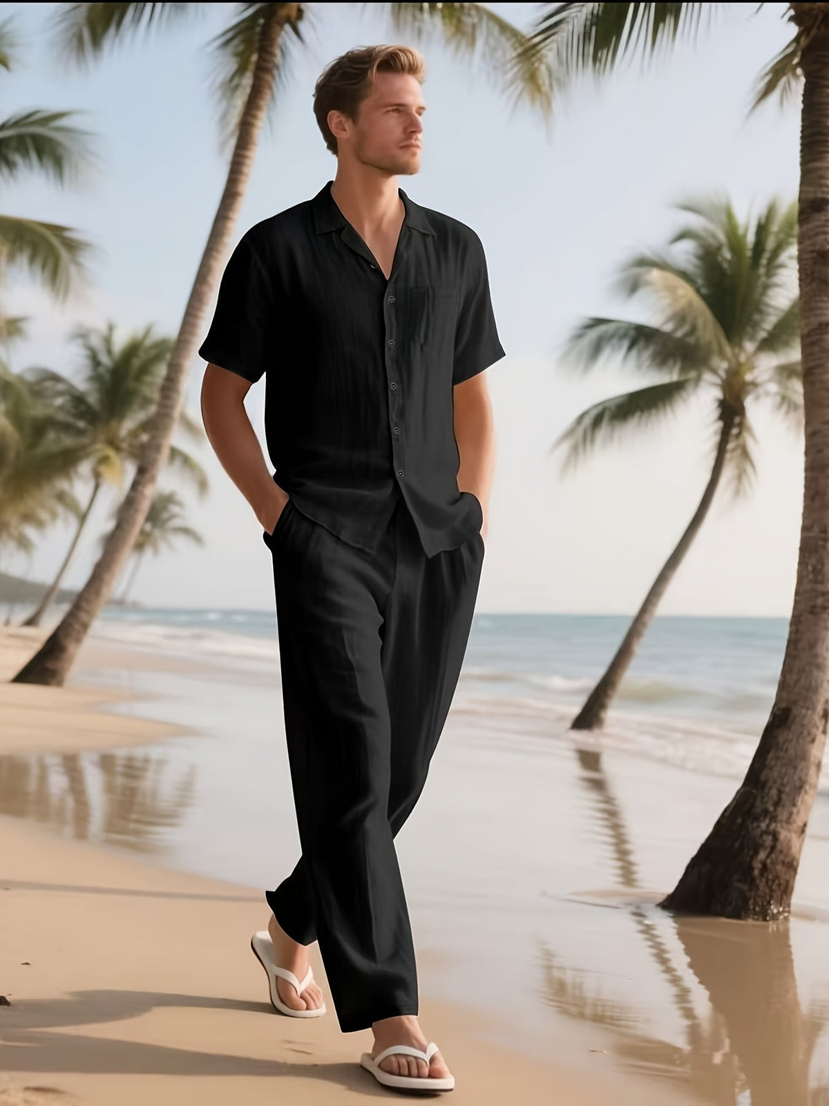 Herren Lässig Leinen Set – Bequem und Luftig mit Langer Hose und Kurzen Ärmeln