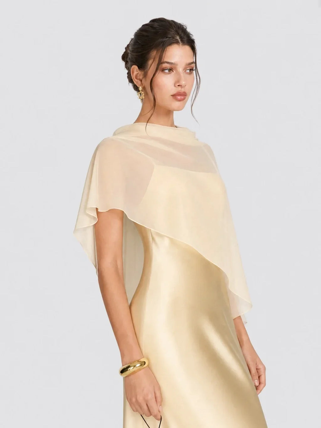 Damen Satin-Maxikleid mit Chiffon-Cape