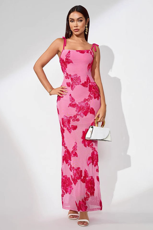 Kleid mit Blumenmuster, Netzdetails und Stickerei