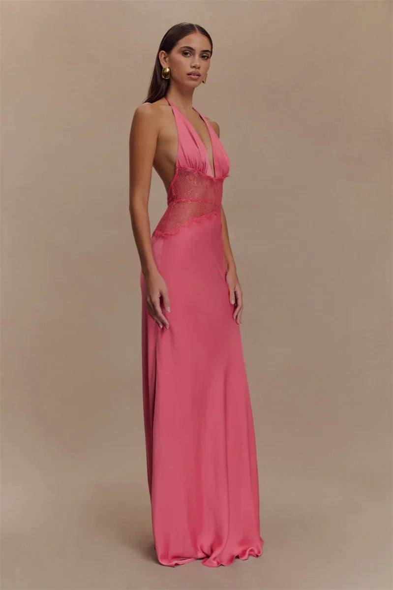 Rückenfreies Kleid mit Neckholder, Patchwork und Spitze