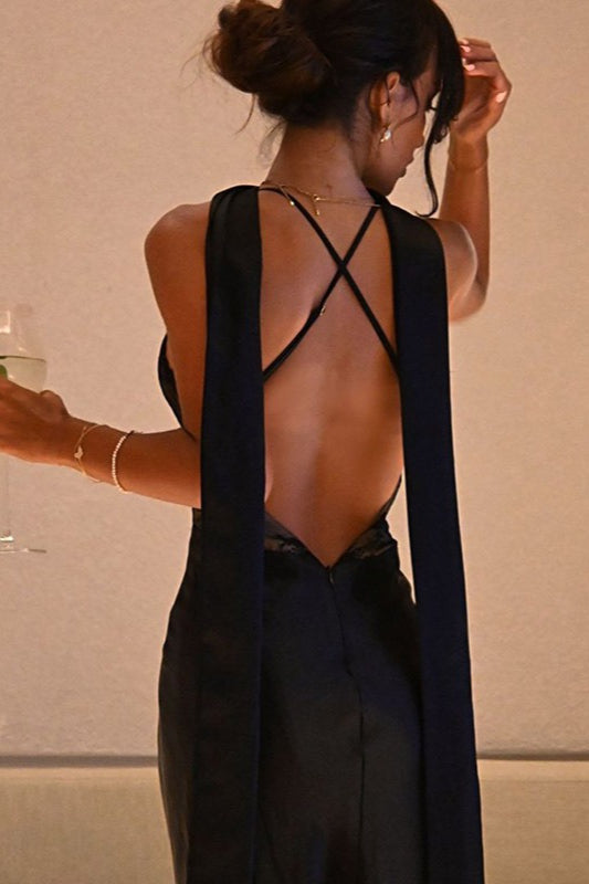 Rückenfreies Maxikleid mit V-Ausschnitt und Spitze